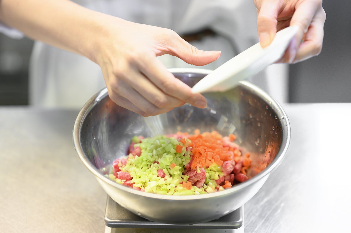 ボールにひき肉、野菜、卵を入れる