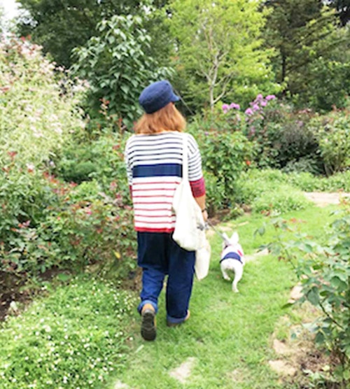 緑に囲まれた庭を散歩する犬と飼い主