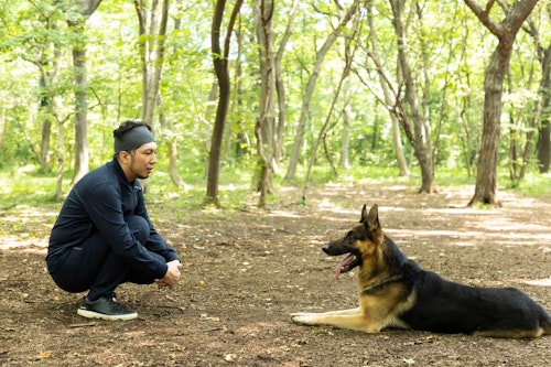 警察犬パクくんと戯れる犬好きライター竹内
