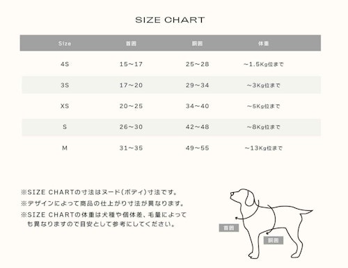 犬用衣装のDreSSED ONEのサイズ表
