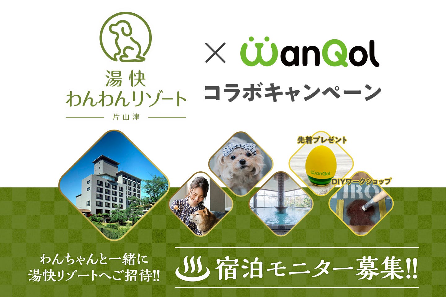 宿泊モニター募集 湯快わんわんリゾートオープン記念 Wanqolコラボレーションキャンペーン開催 わんクォール