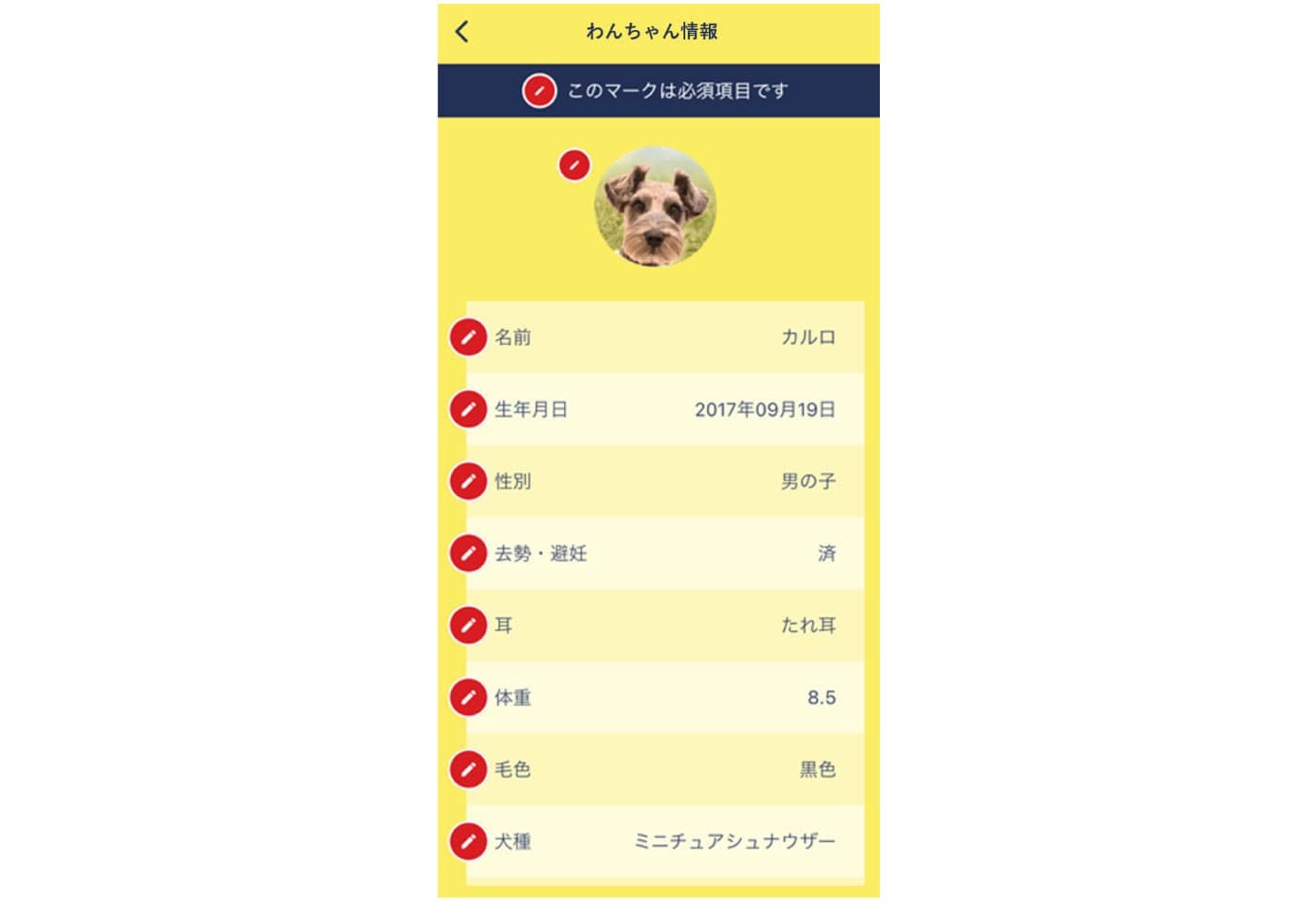 アプリ「Nose ID」の飼い犬の情報登録画面