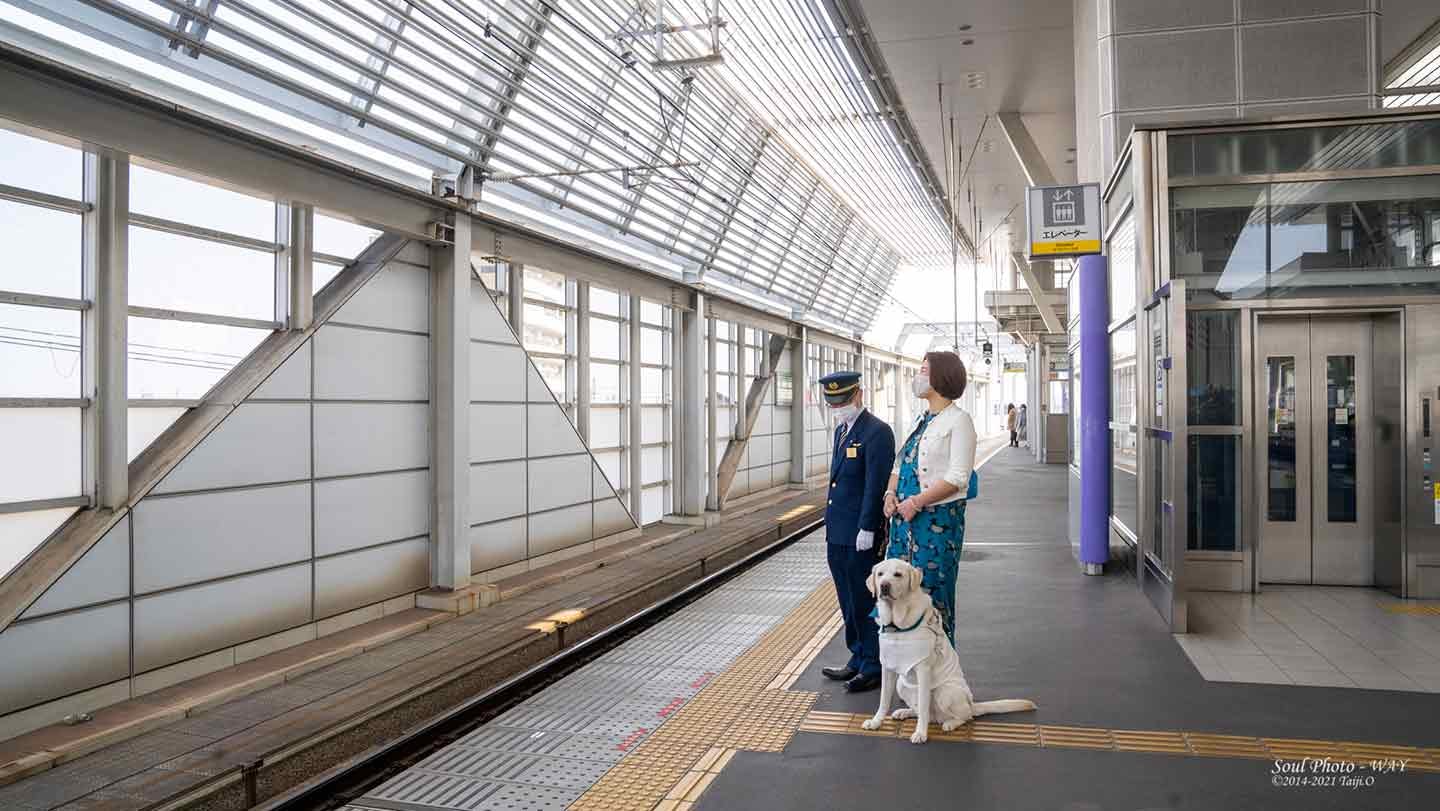 駅のホームで盲導犬・ヴィヴィッドと電車を待つ浅井純子さん 駅のホームで盲導犬・ヴィヴィッドと電車を待つ浅井純子さん