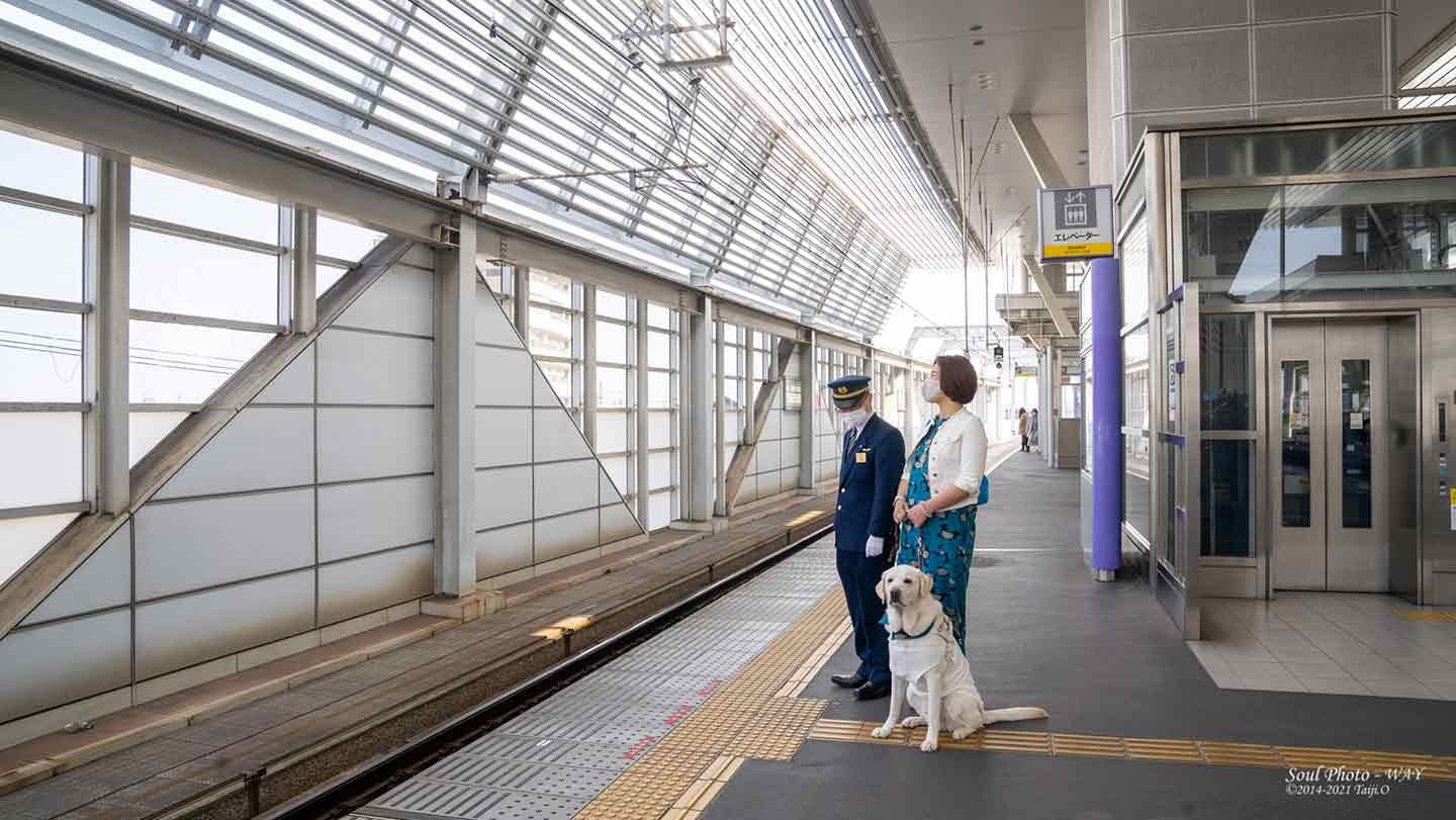 駅のホームで盲導犬・ヴィヴィッドと電車を待つ浅井純子さん