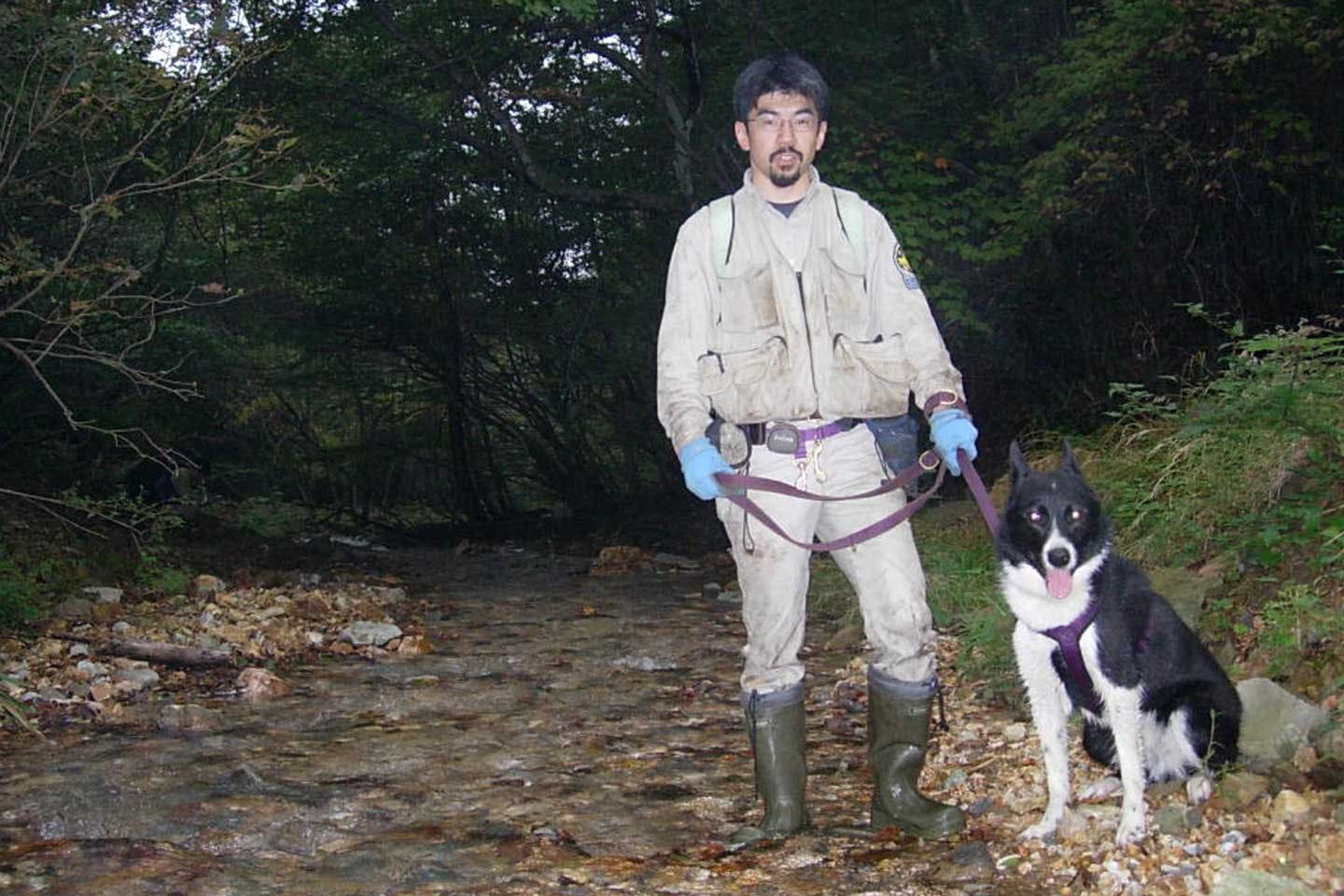 ベアドッグ・ブレットと野外調査をする田中さん ベアドッグ・ブレットと野外調査をする田中さん