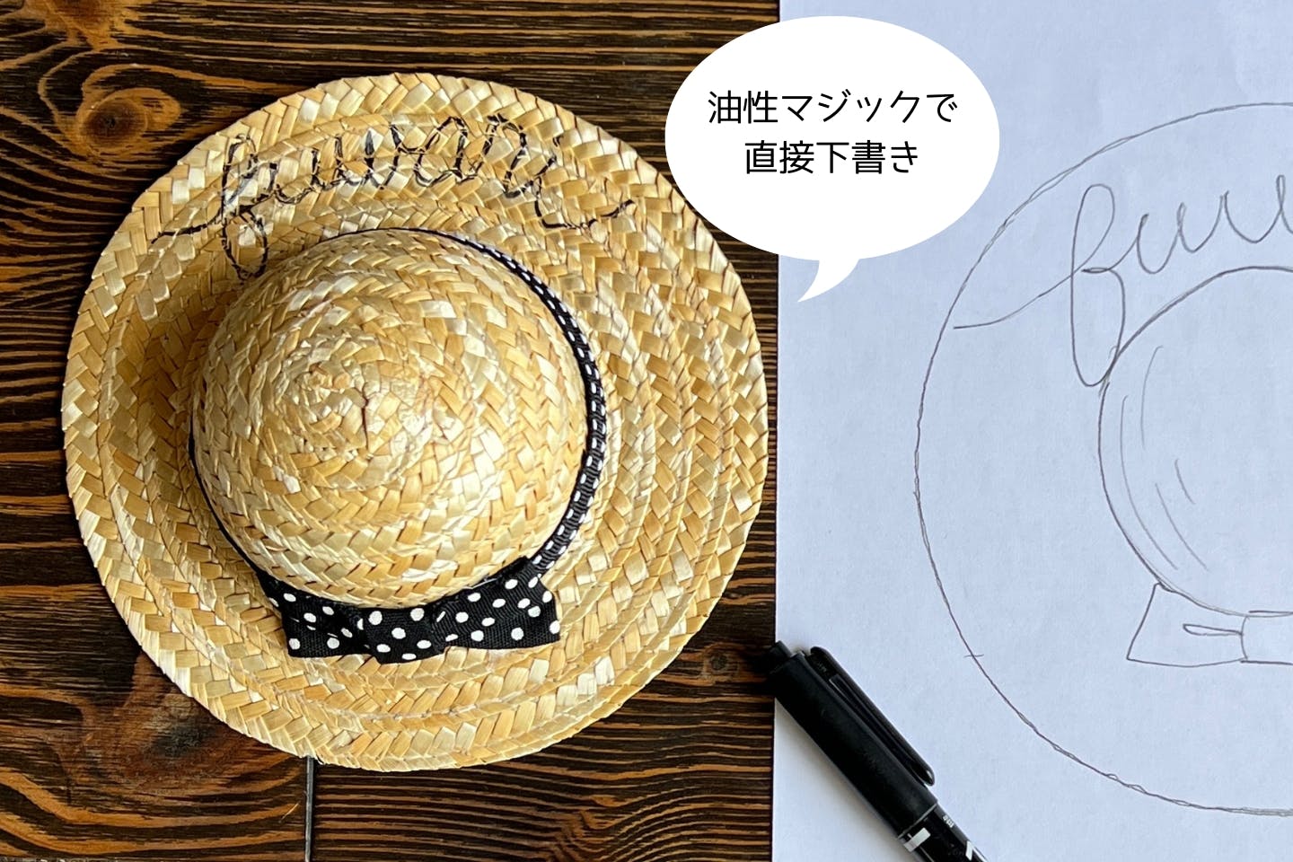 デザインを見ながら油性ペンでわんちゃん用麦わら帽子に下書きする