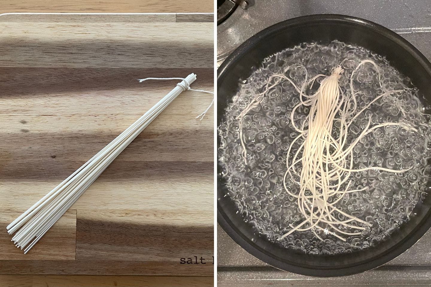 薄焼き卵を正方形にカットする そうめんを茹でる