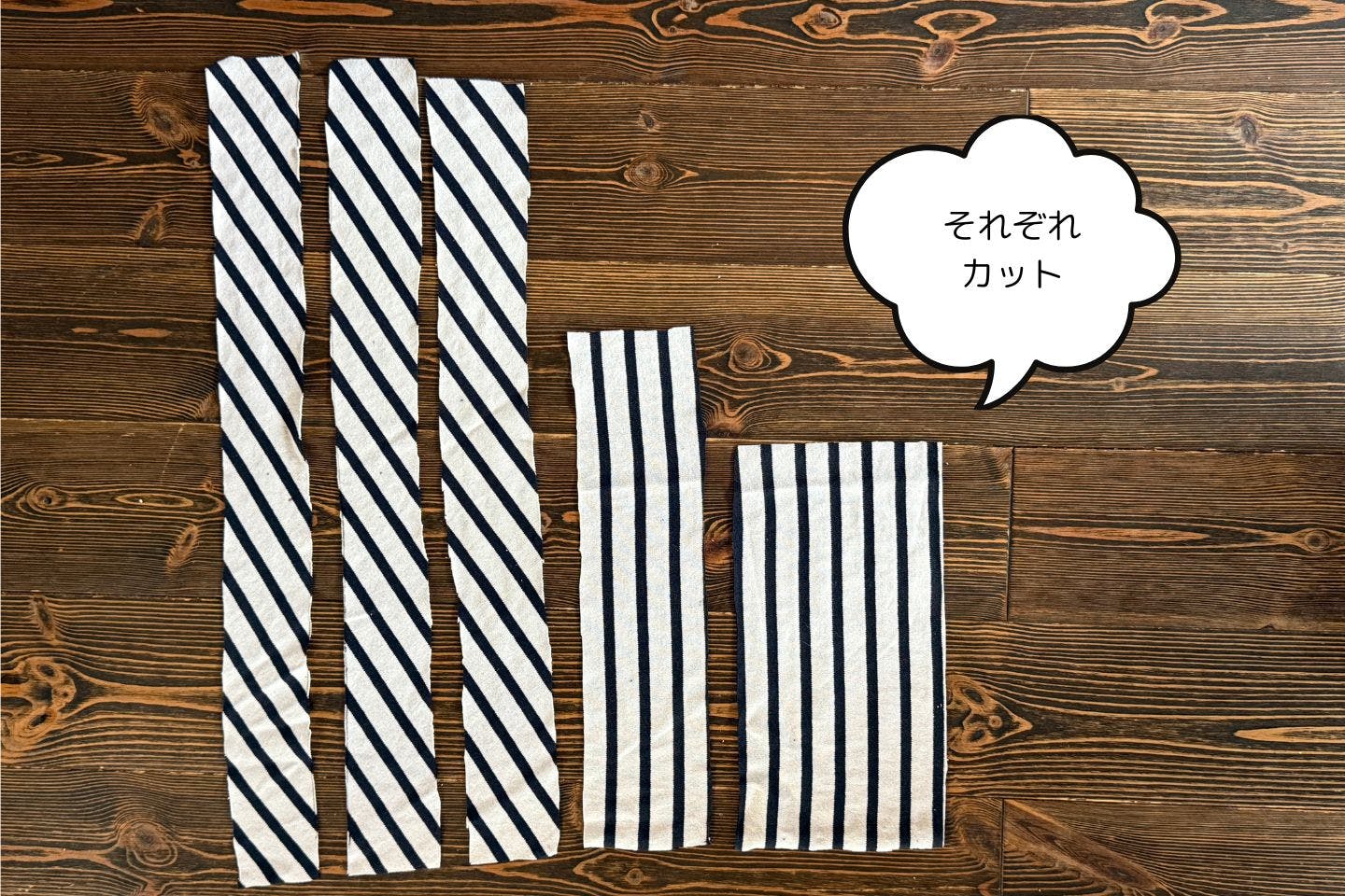 スカート部分、ウエストベルト、フリルの3パーツを型紙に沿って布をカットする