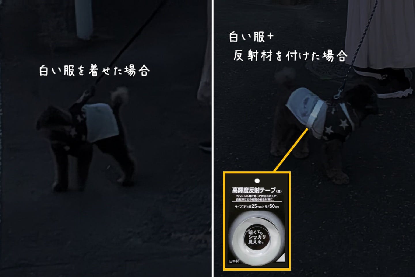 暗闇で白い服を着せた場合／反射素材を付けた場合