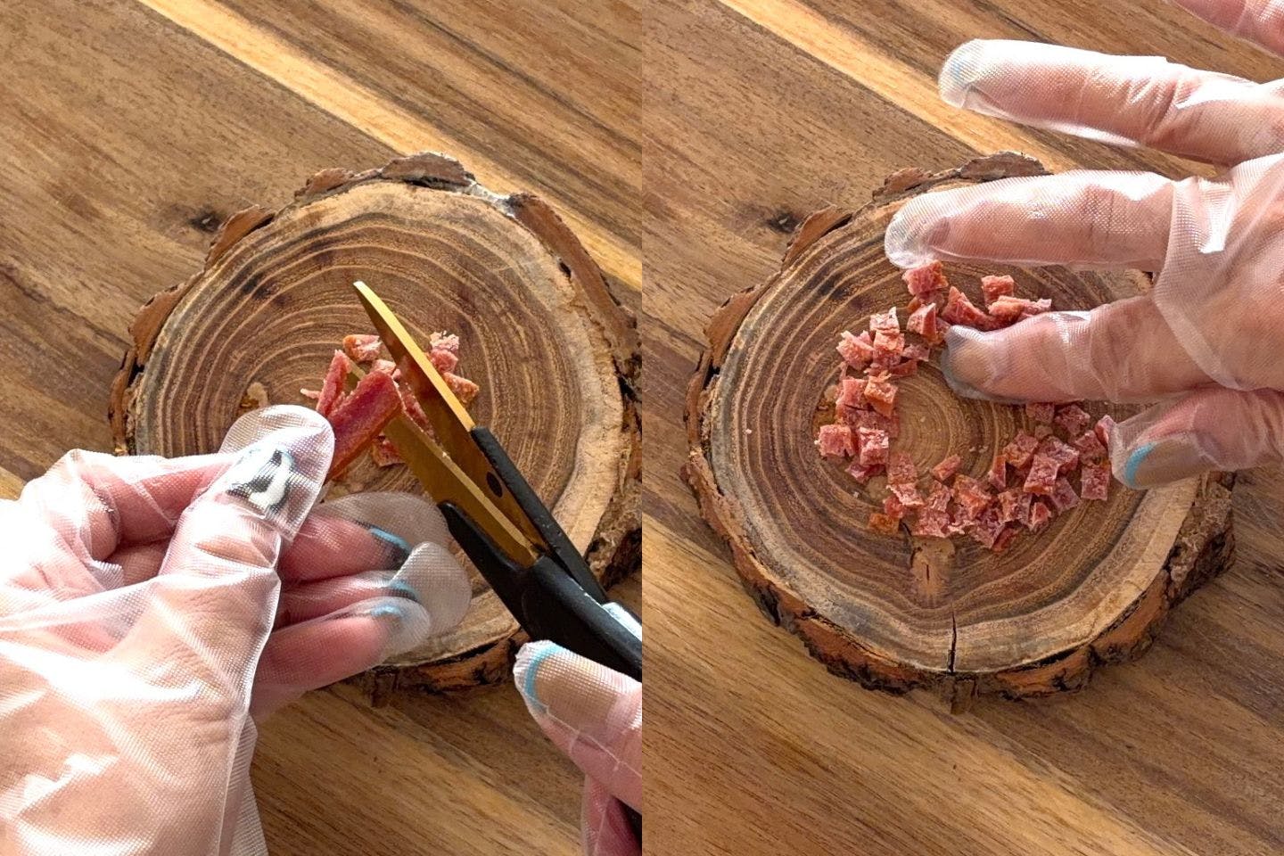 馬肉ジャーキーを細かく刻み、器に盛りつける