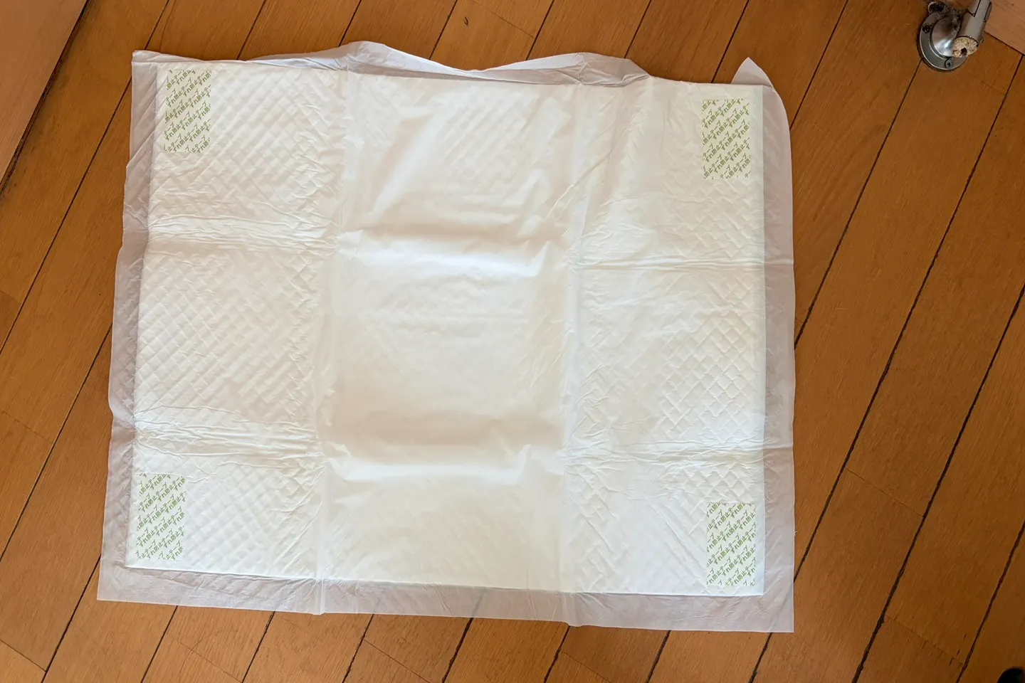 四隅に固定テープが付いたペットシーツ裏面の構造