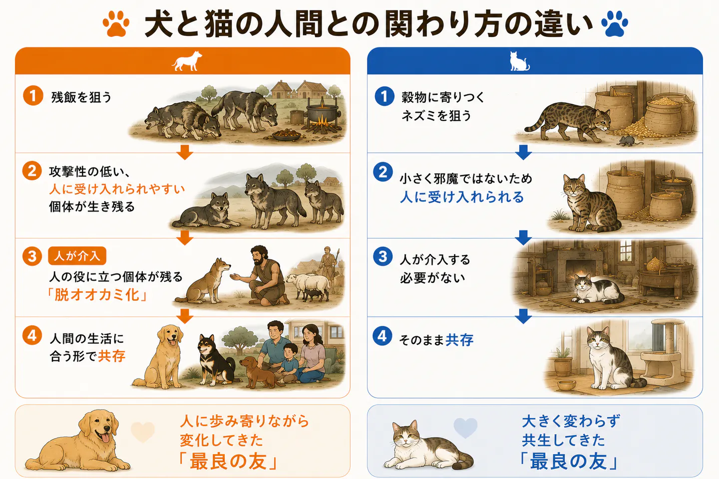 犬と猫の人間との関わり方の違いを比較した図解 犬と猫の人間との関わり方の違いを比較した図解