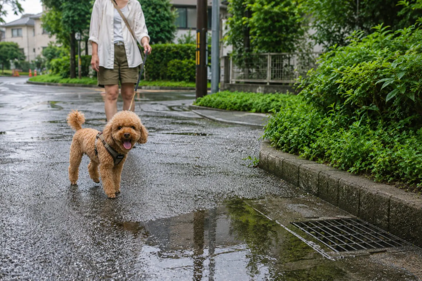 雨のなかで散歩する犬