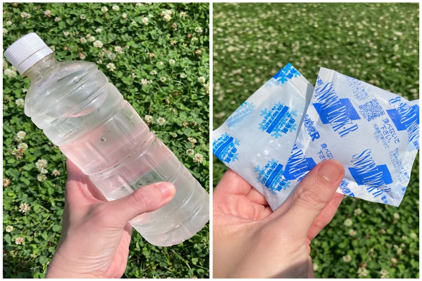 保冷ショルダーで持ち運んだ冷たい飲み水と保冷剤