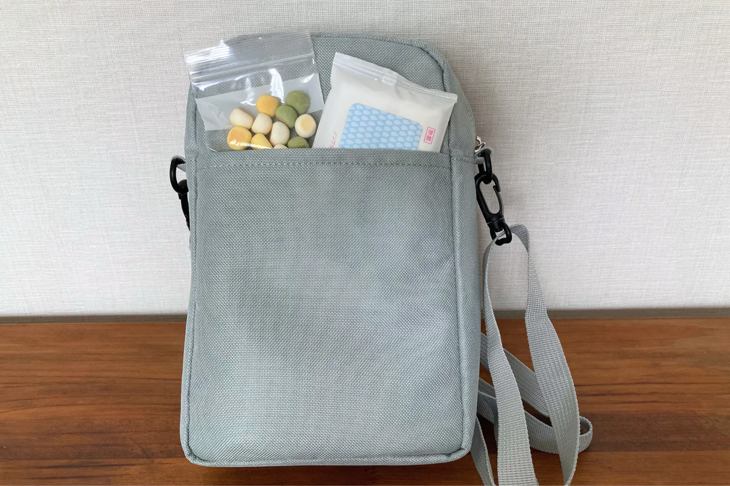 保冷ショルダー背面ポケットにおやつとウェットティッシュを収納